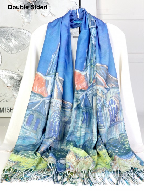 Pavement Cafe & The Old Market Place Double-sided Oil Painting Design Fashion Scarf